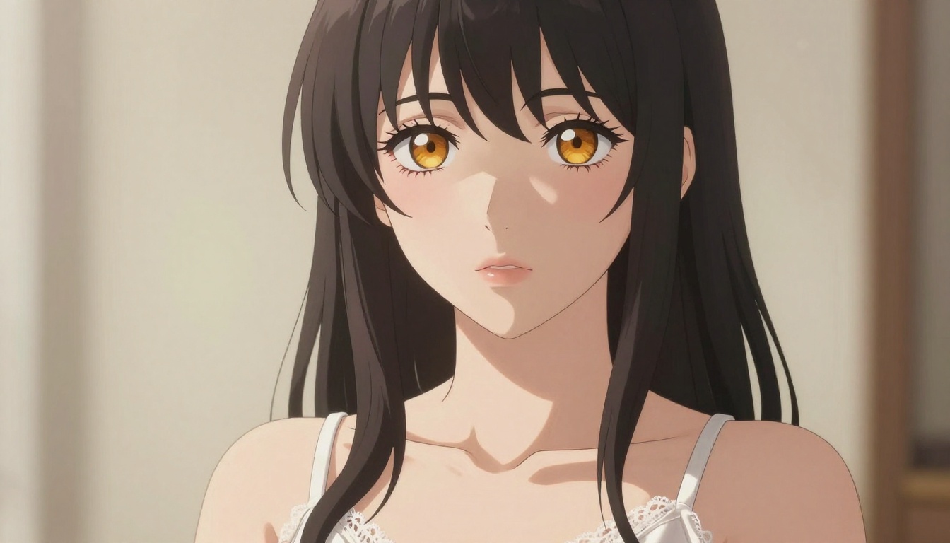 Intimate close-up portrait of anime-styled woman with amber eyes in artistic boudoir lighting