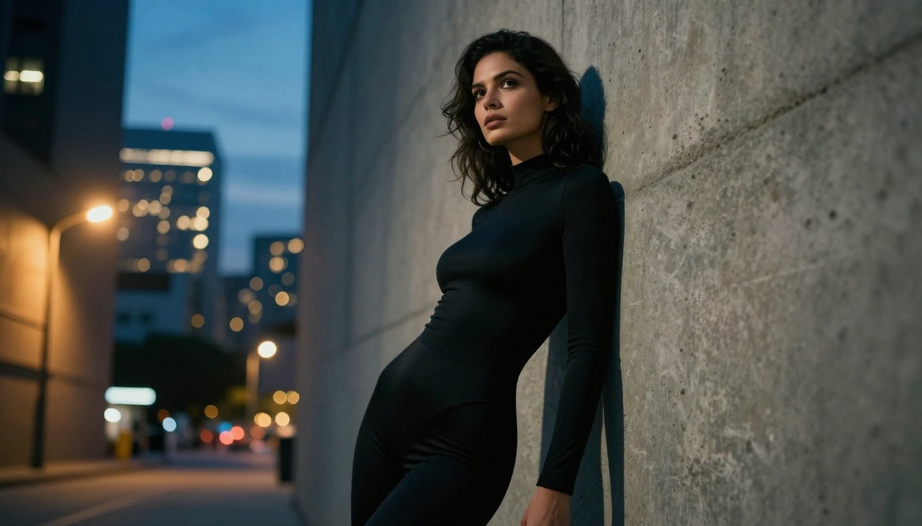 Dark-haired woman in black bodysuit against urban wall at dusk