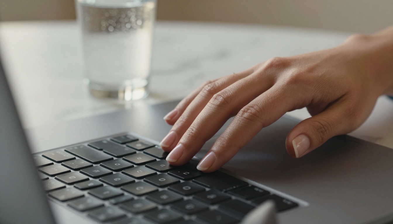 A woman types at a sleek laptop in a dimly lit penthouse, city lights blurring behind her
