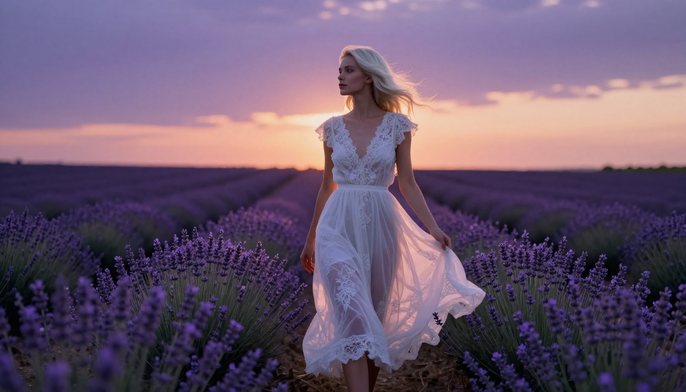 Radiant woman in white lace dress in lavender field at twilight Radiant woman in white lace dress in lavender field at twilight