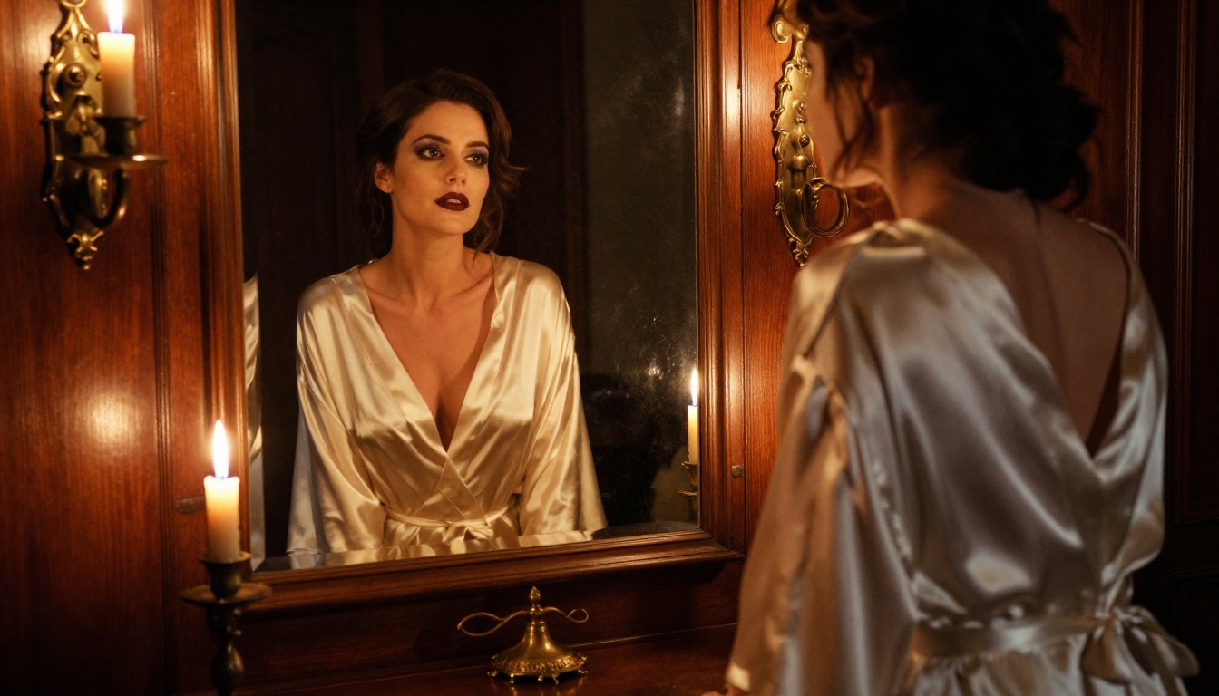 Low-angle view of a woman at a candlelit Victorian vanity mirror, dark lipstick, dramatic chiaroscuro lighting