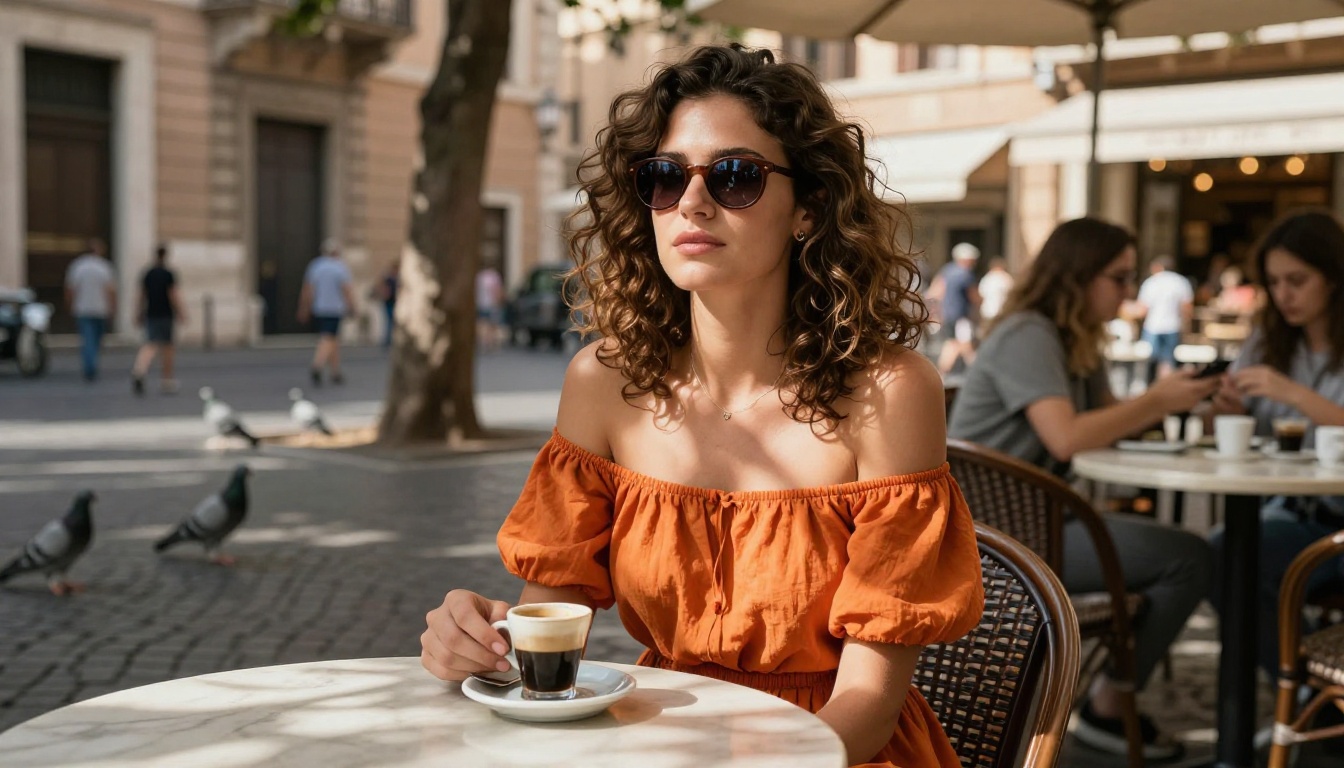 Beautiful woman with curly hair at Roman cafe in warm afternoon light Beautiful woman with curly hair at Roman cafe in warm afternoon light