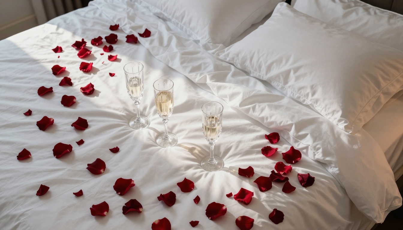 Aerial bird's-eye view of a luxury bed with white sheets and scattered dark red rose petals, morning light, two crystal champagne flutes