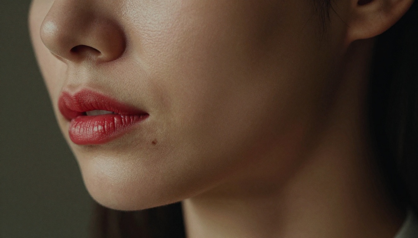 Extreme close-up of a woman's lips and jaw, dark dramatic side lighting, cinematic and intimate