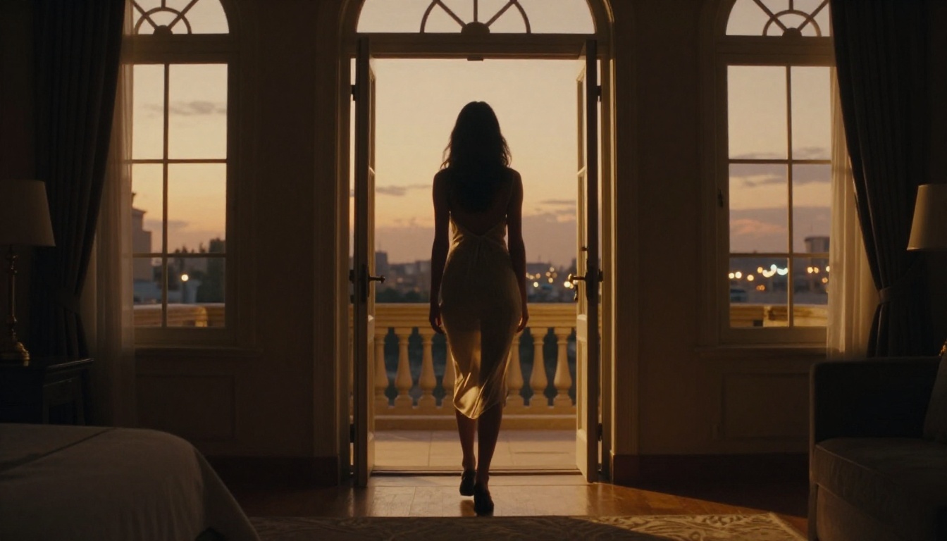 Dramatic silhouette of a woman in a hotel doorway backlit by warm amber street light, film noir atmosphere
