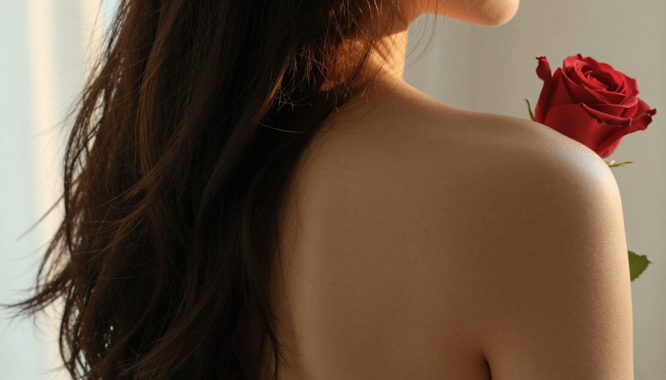 Close-up of a woman's bare shoulder with cascading dark hair, red rose at chest height, warm candlelight gradient