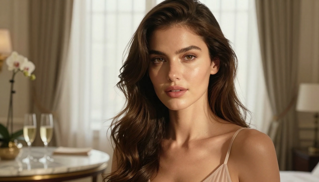 Photorealistic close-up portrait of a woman in a luxury hotel suite, editorial beauty photography