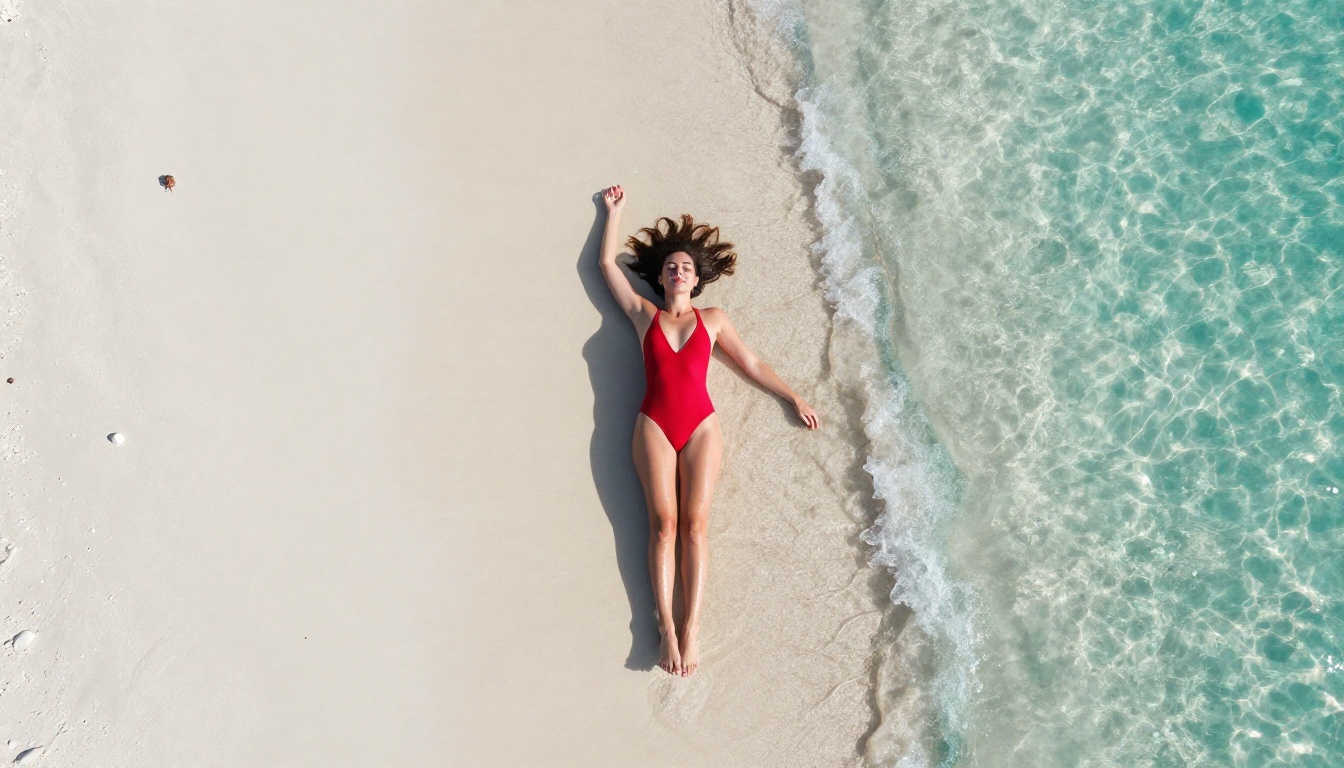Aerial overhead drone view of woman in red swimsuit on white sand beach surrounded by turquoise water