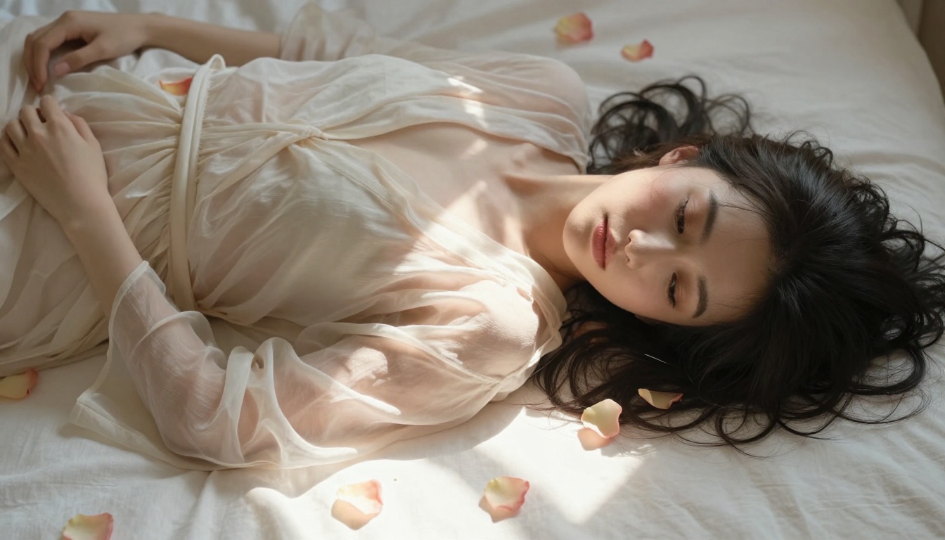 Woman lying on bed with rose petals in sheer robe morning light