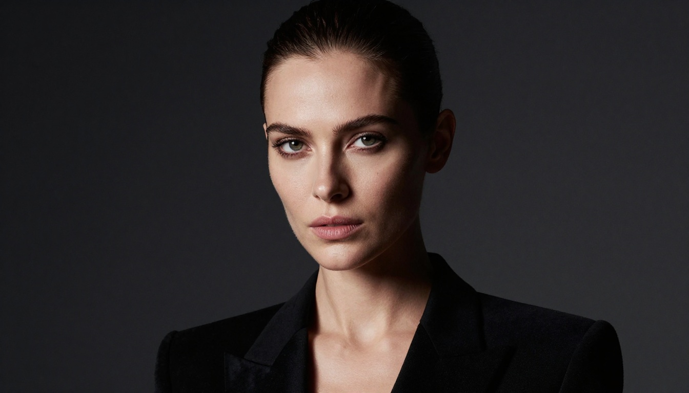Dramatic studio portrait with editorial fashion lighting, black bodysuit, Hasselblad quality