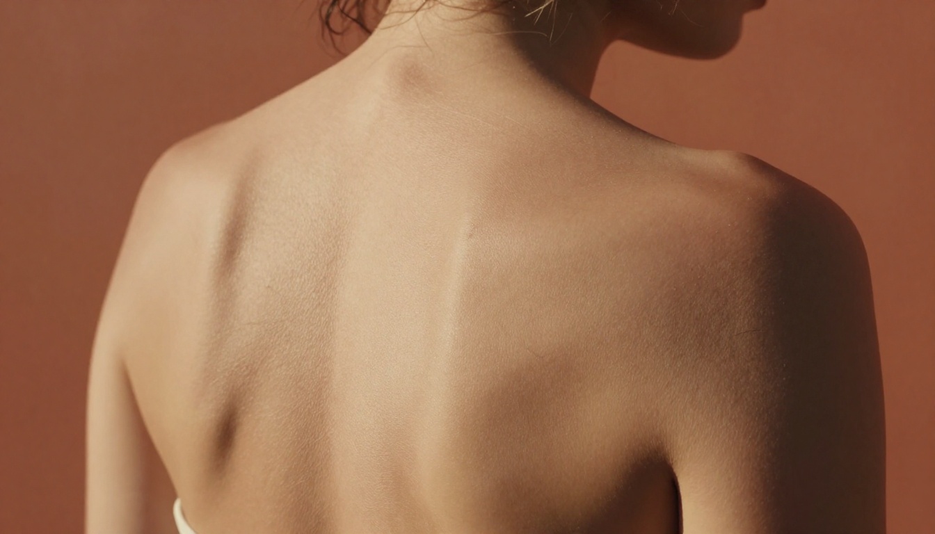 Close-up of woman's bare back and shoulders against terracotta wall, Mediterranean afternoon light, intimate photography Close-up of woman's bare back and shoulders against terracotta wall, Mediterranean afternoon light, intimate photography