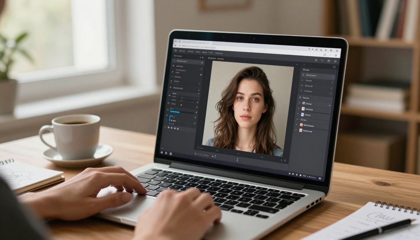 Laptop screen showing AI generation interface in home office setting, natural window light Laptop screen showing AI generation interface in home office setting, natural window light