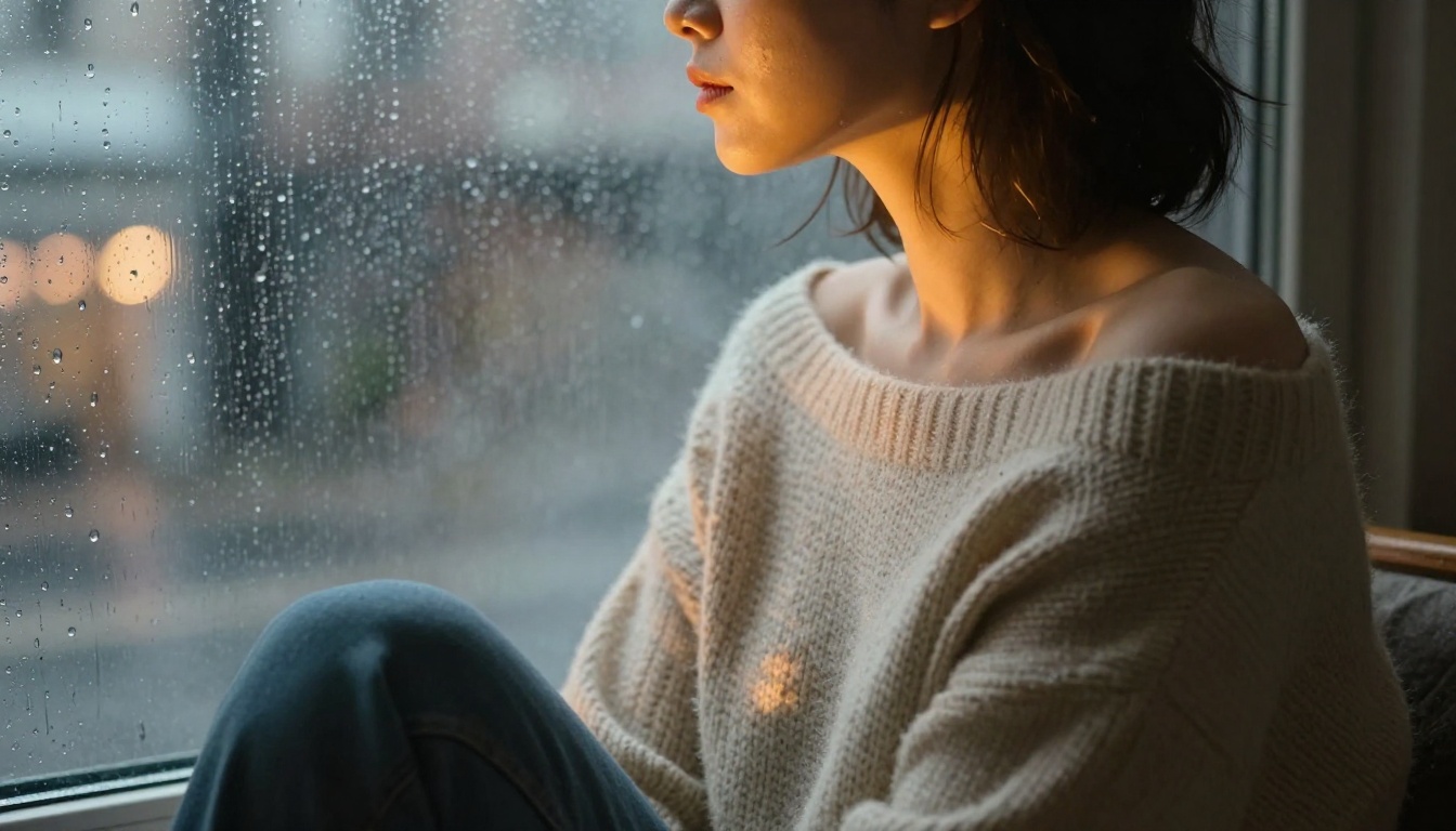 Woman in off-shoulder cashmere sweater at rainy window city bokeh