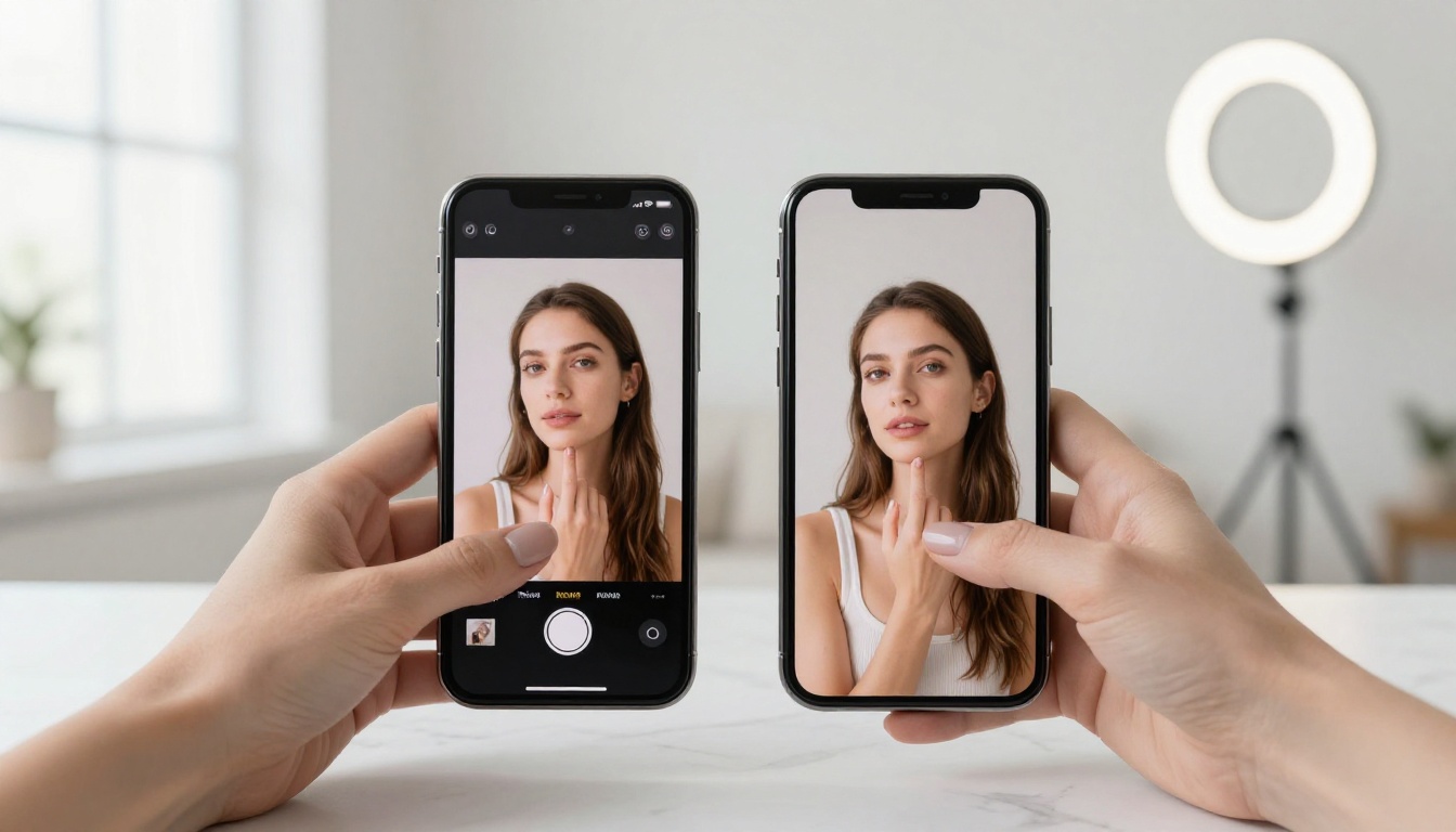 Smartphones displaying AI generated glamour images flat lay marble