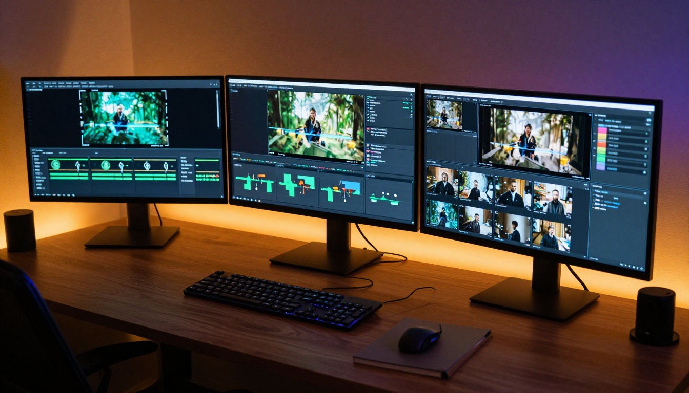 Professional AI video creation workspace with multiple screens Professional AI video creation workspace with multiple screens