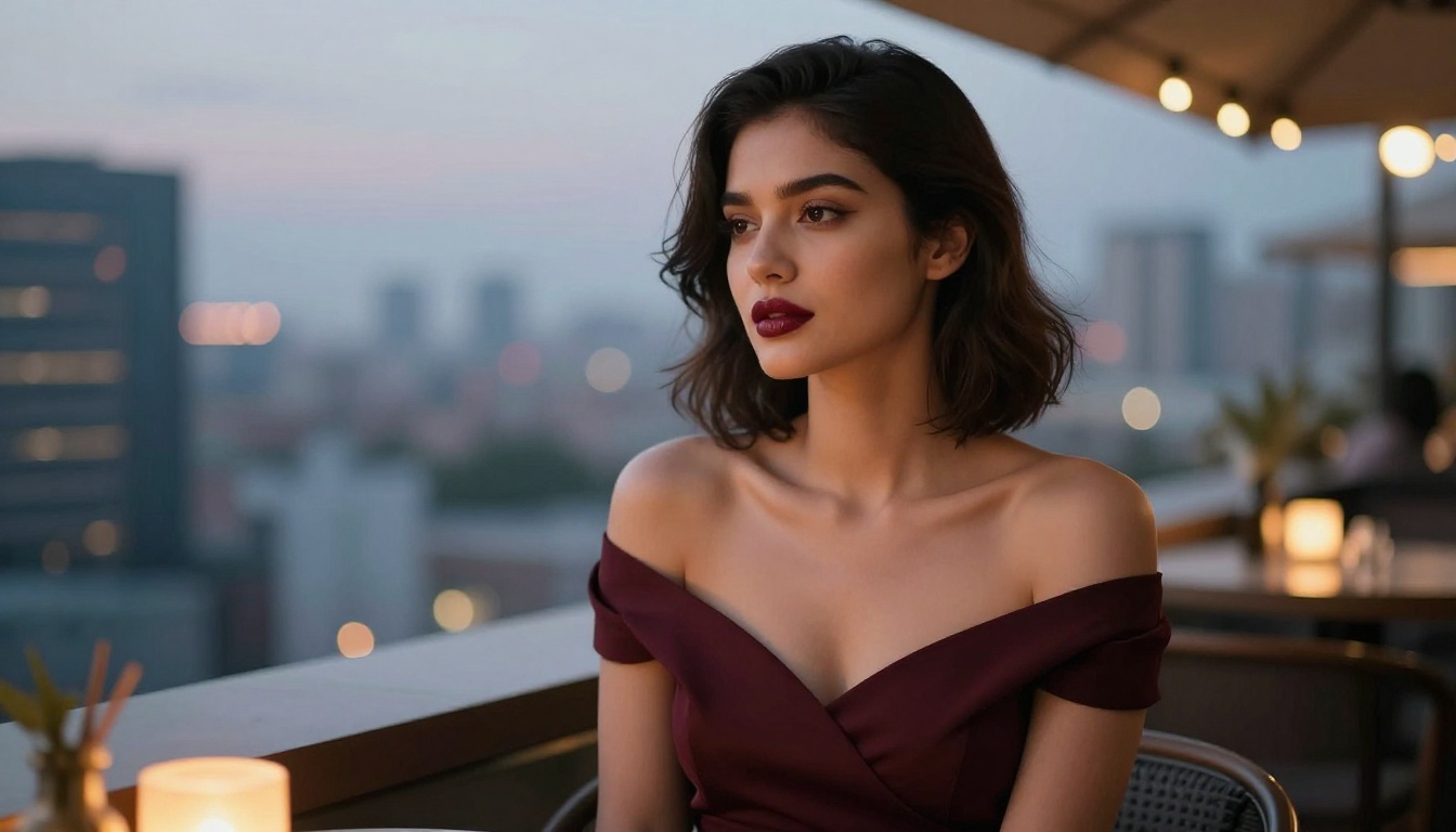 Elegant woman at rooftop bar illustrating cinematic lighting quality in AI video