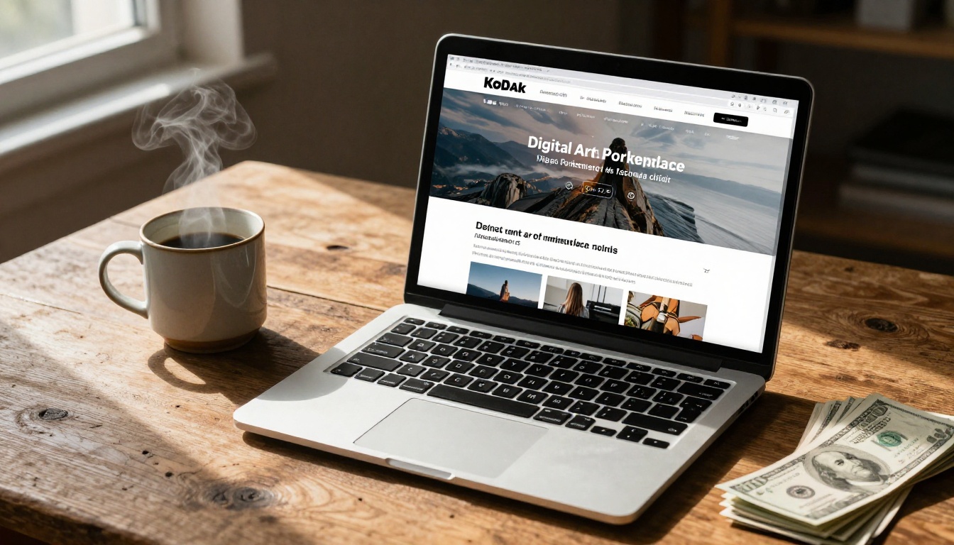 Digital art marketplace on laptop with coffee and dollar bills on wooden desk