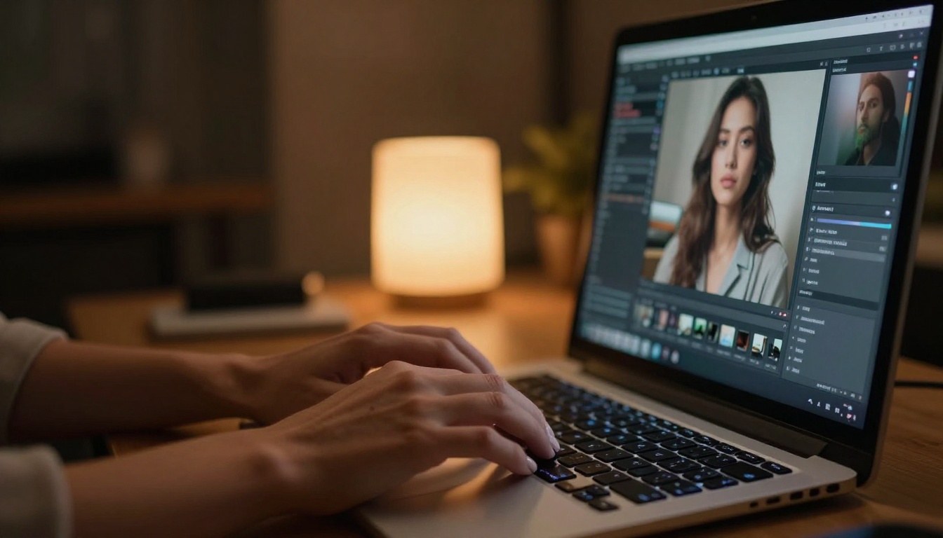 Woman's hands typing on backlit keyboard in home studio with AI generation previews on second monitor