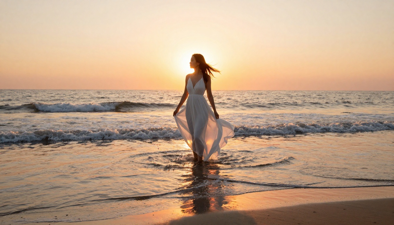 Woman in white chiffon dress at ocean sunset with golden backlight Woman in white chiffon dress at ocean sunset with golden backlight
