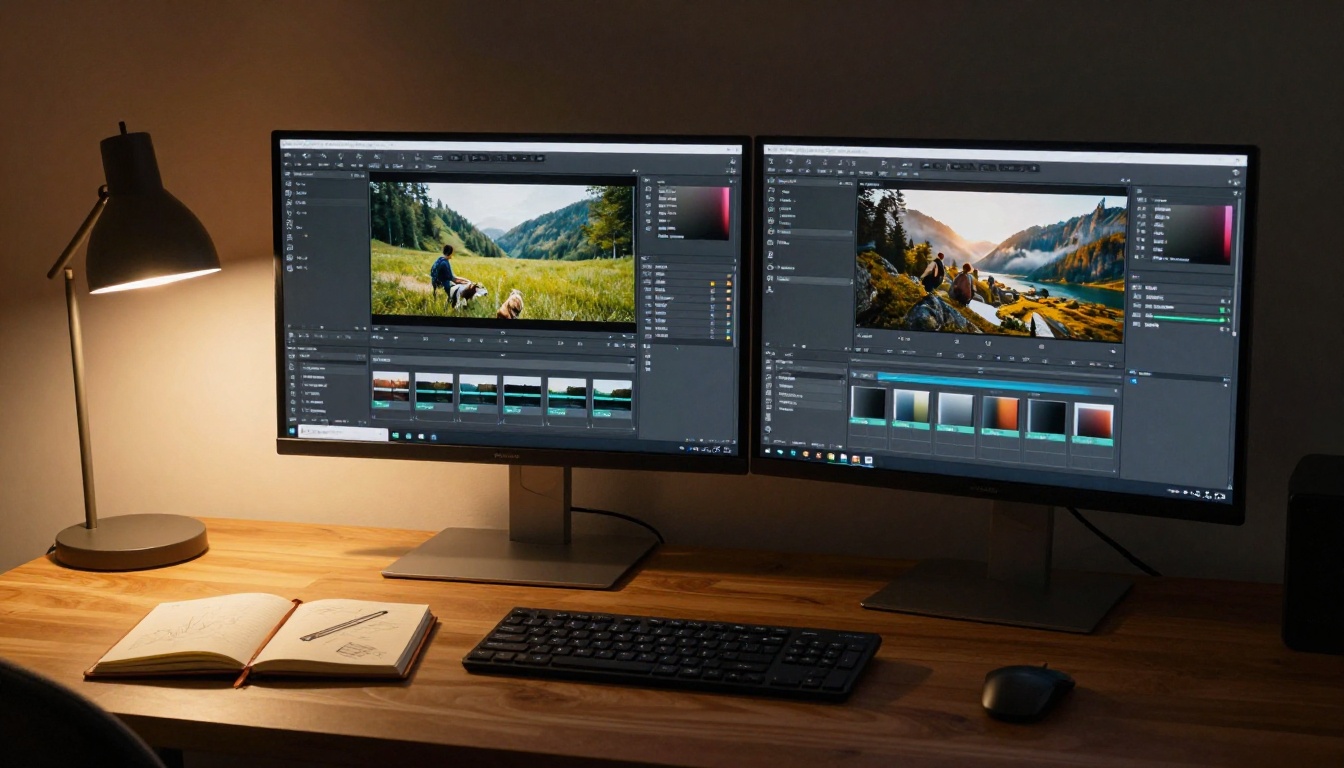 Dual monitors showing image editing panels in warm home studio with notebook and keyboard
