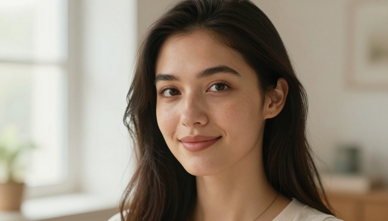 Close-up portrait of woman with natural skin texture and warm window light