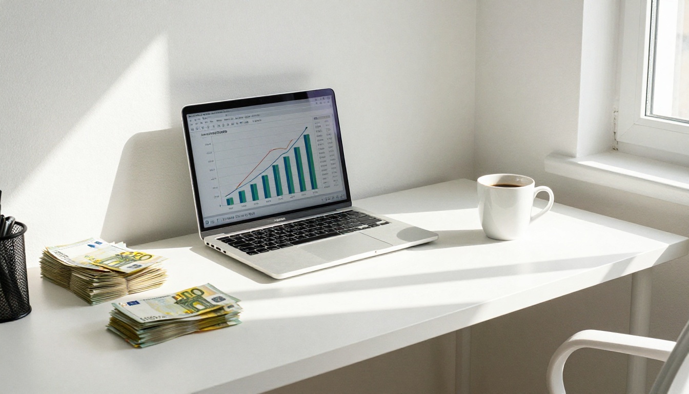 Laptop showing revenue analytics dashboard with banknotes on minimalist home office desk