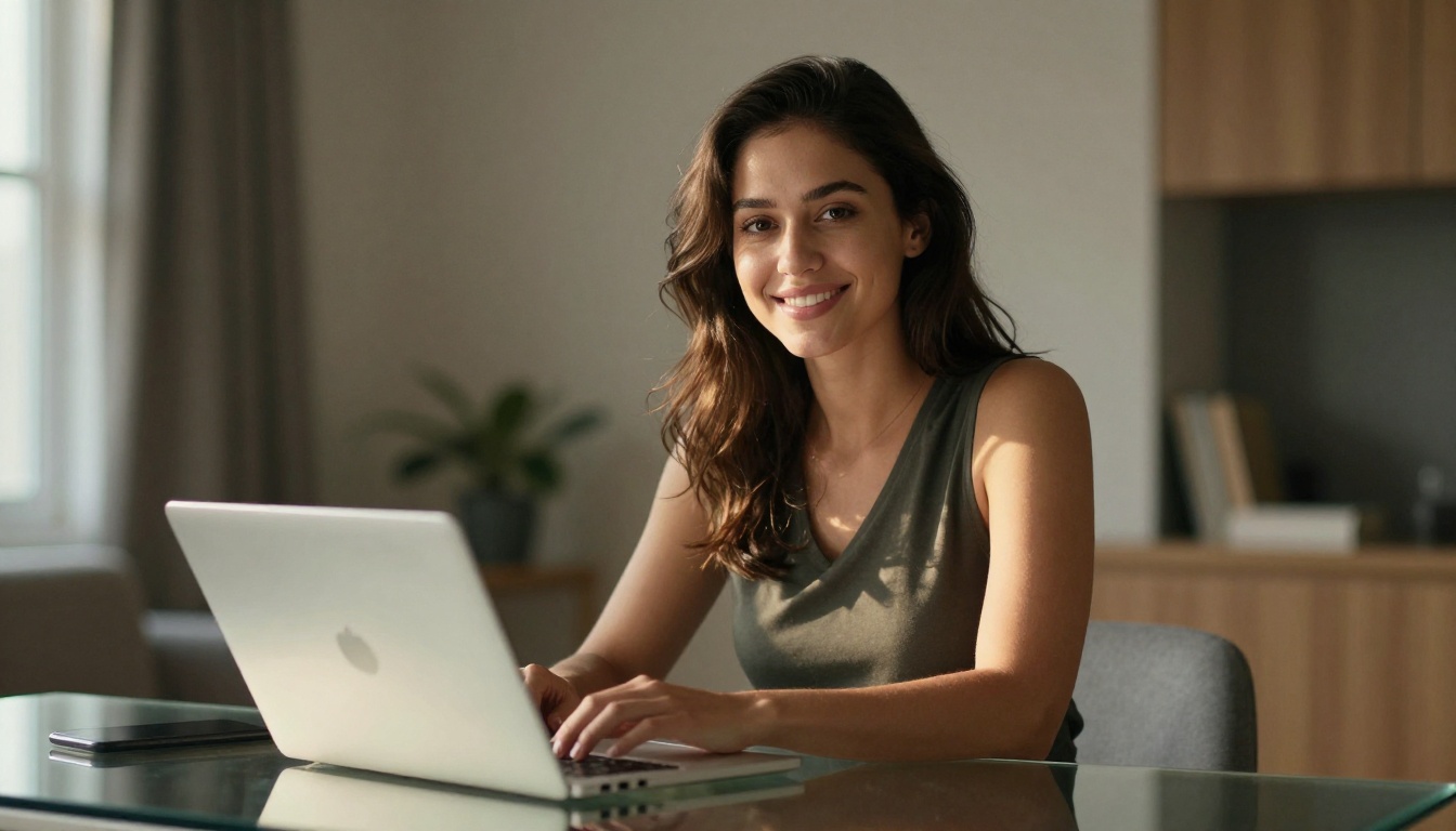Confident woman smiling at camera while sitting at laptop in bright modern living room