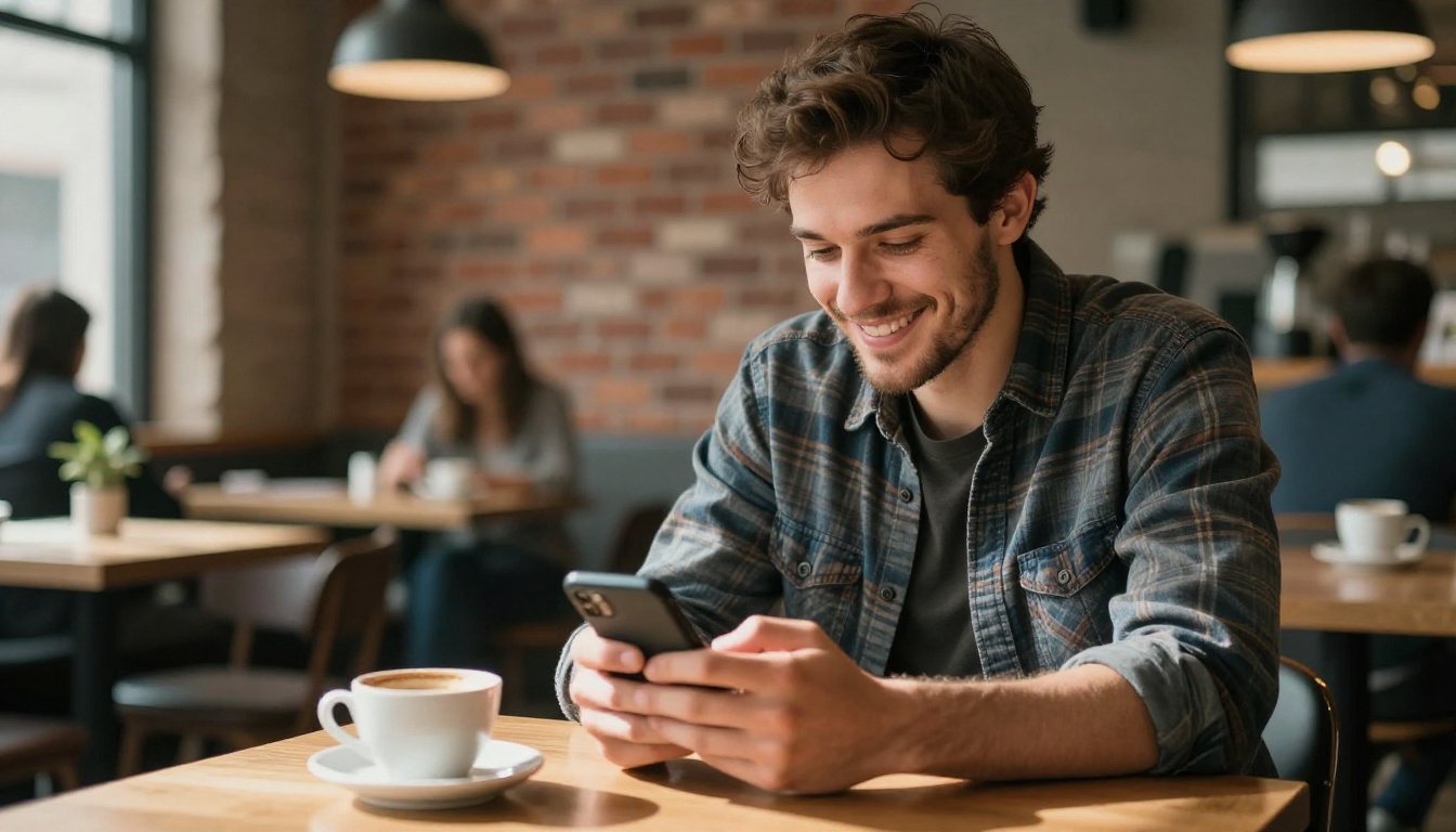 Handsome man at a coffee shop smiling at his phone