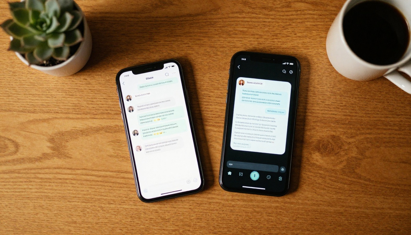 Two smartphones on a wooden table showing chat interfaces