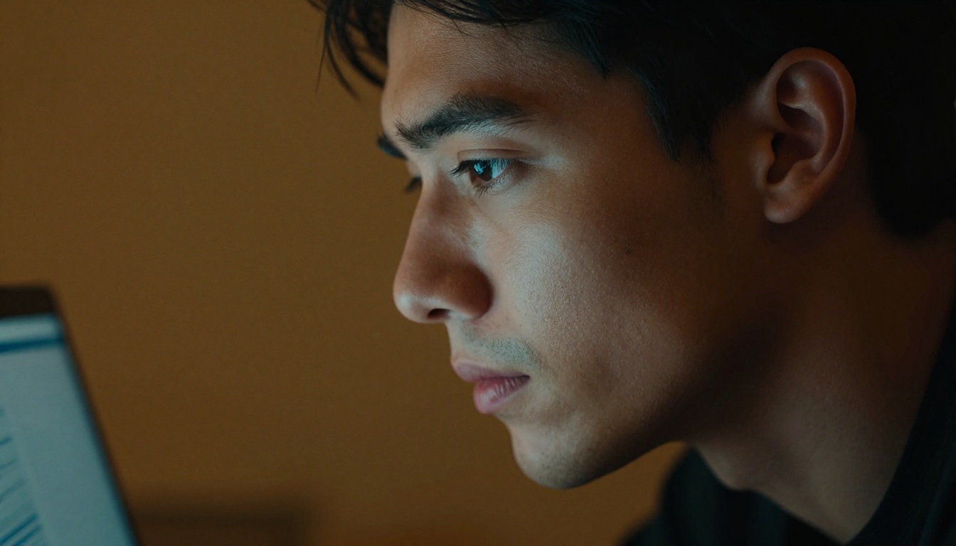 Split-lit profile of a man by screen glow and warm room light