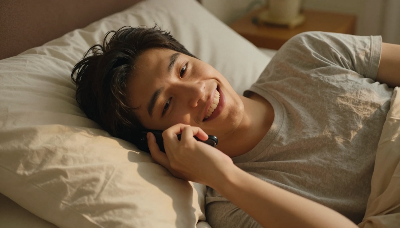 Man lying on bed smiling at his phone in warm bedroom light