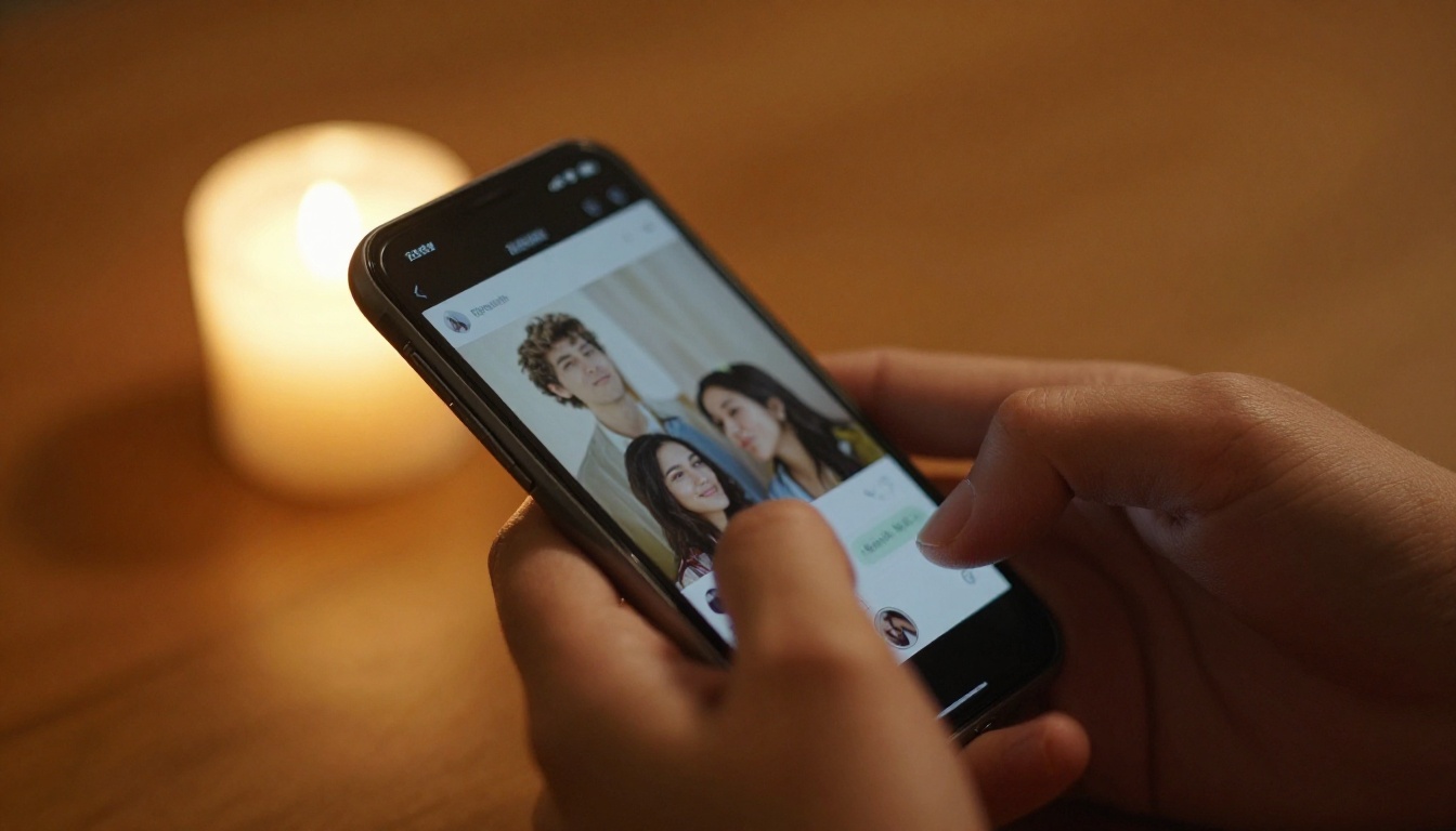 Close-up of hands holding a phone by warm candlelight