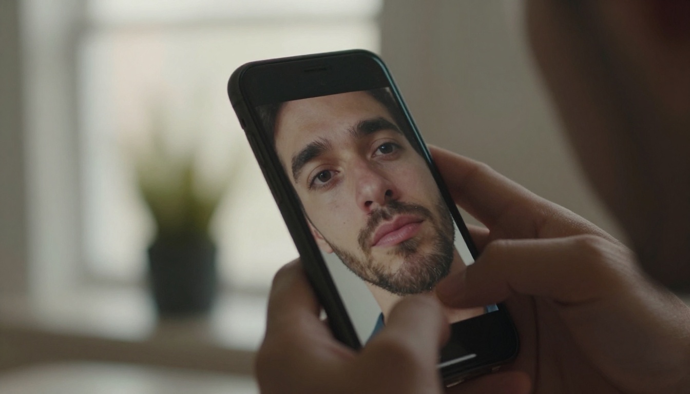 Man's face reflected in a smartphone screen, morning light