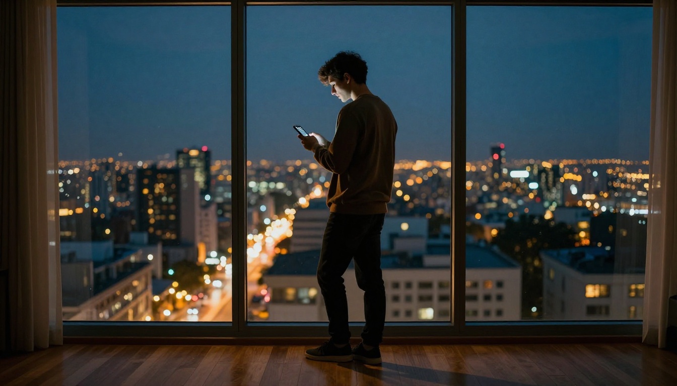 Man standing at a city apartment window at night, phone glowing
