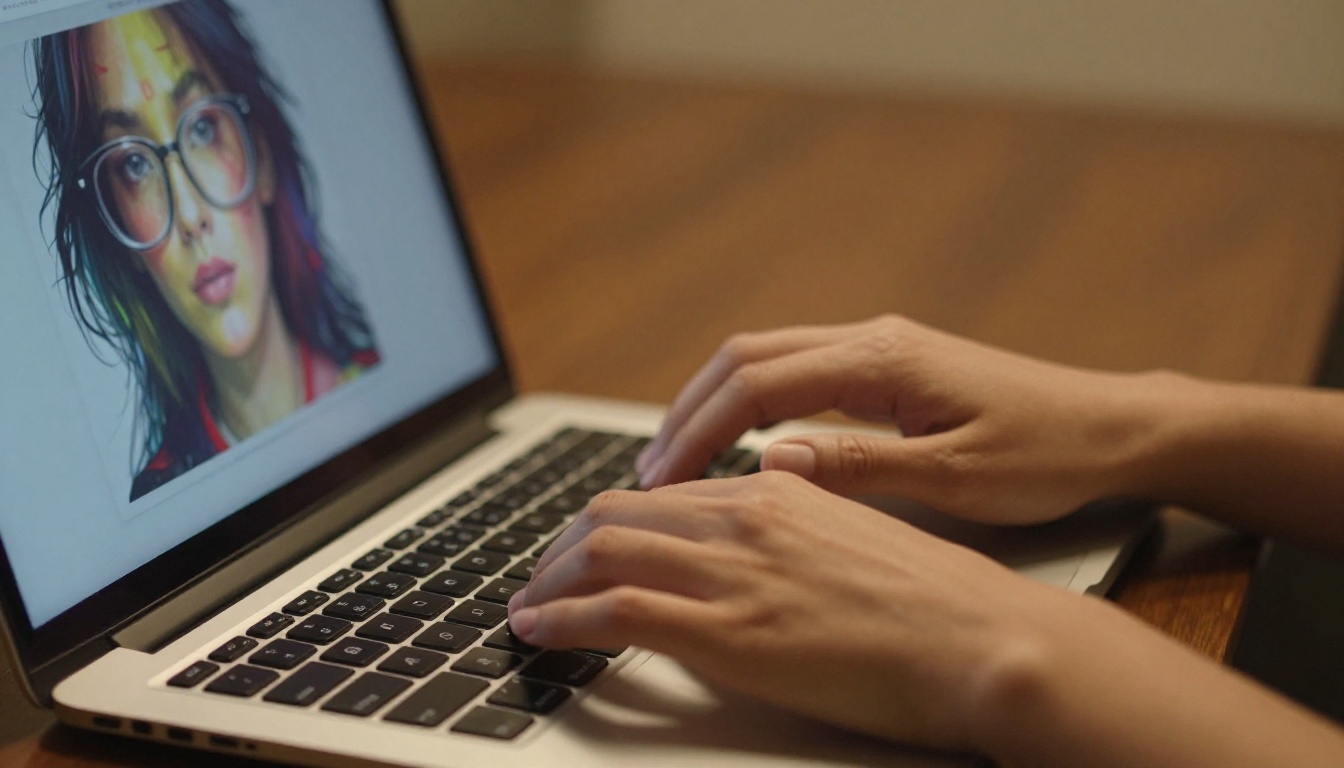 A woman's hands typing on a laptop, screen reflected in glasses showing vibrant AI artwork