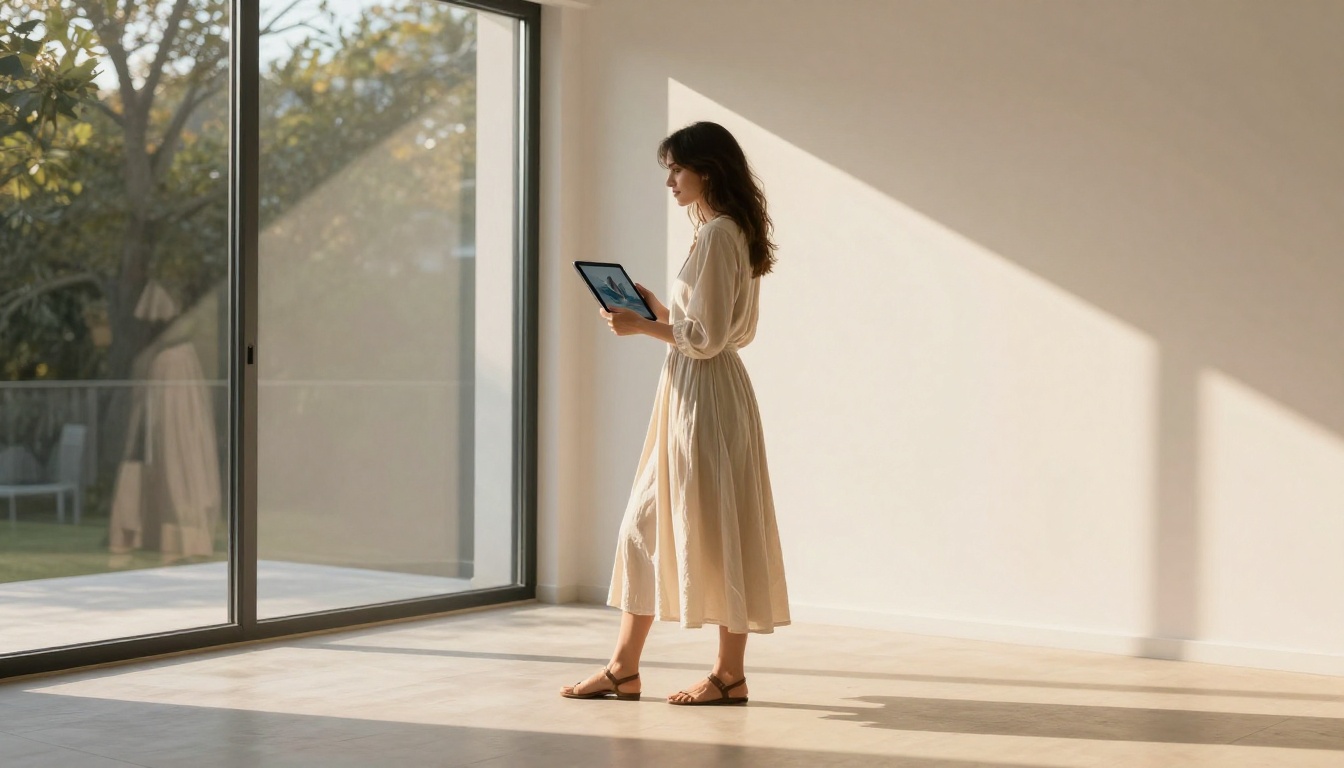 A confident woman holding a tablet displaying AI-generated art near a sunlit apartment window