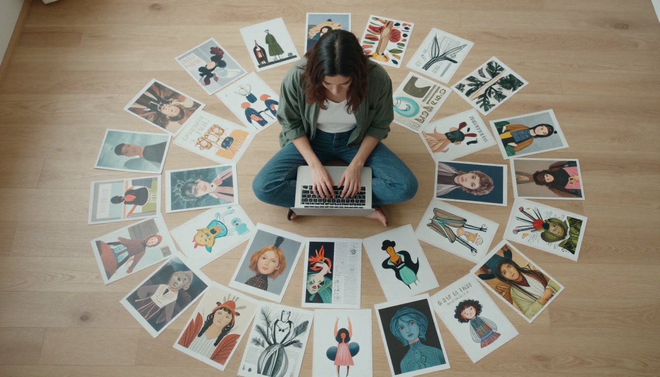 Aerial view of a woman sitting on a light oak floor surrounded by printed AI artworks
