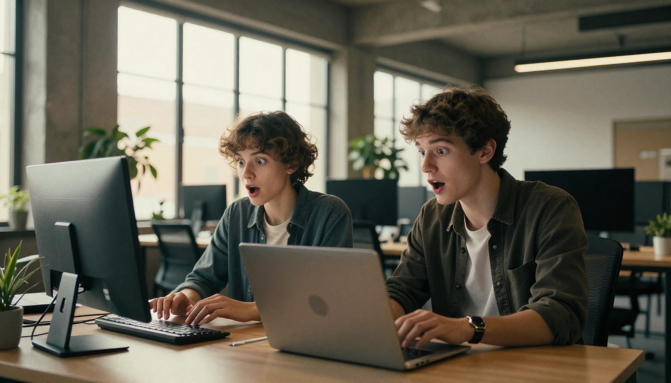 Young man and woman at a co-working desk reacting with surprise to AI-generated artwork on screen Young man and woman at a co-working desk reacting with surprise to AI-generated artwork on screen
