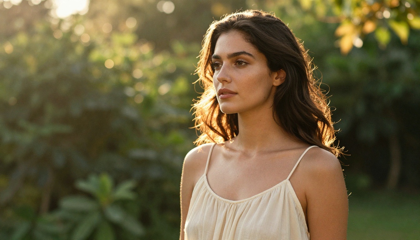 Natural outdoor golden hour portrait demonstrating realistic skin warmth, backlighting rim effect, and natural hair movement
