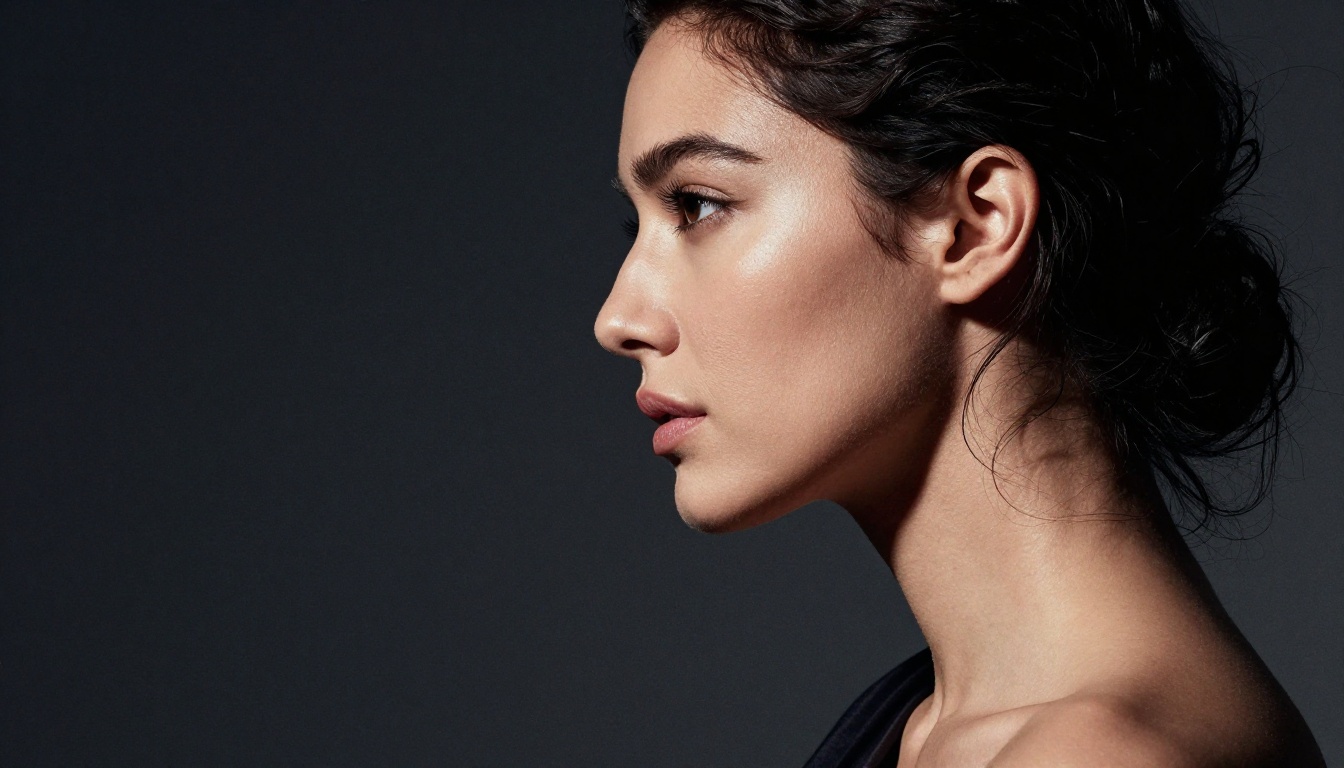 Dramatic side profile chiaroscuro portrait with hard light source showing facial plane definition and shadow work