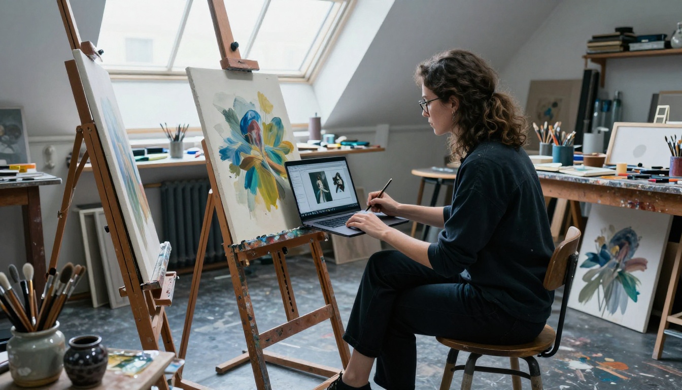 A woman artist painting in a sunlit atelier with AI-generated reference images on a laptop beside her A woman artist painting in a sunlit atelier with AI-generated reference images on a laptop beside her