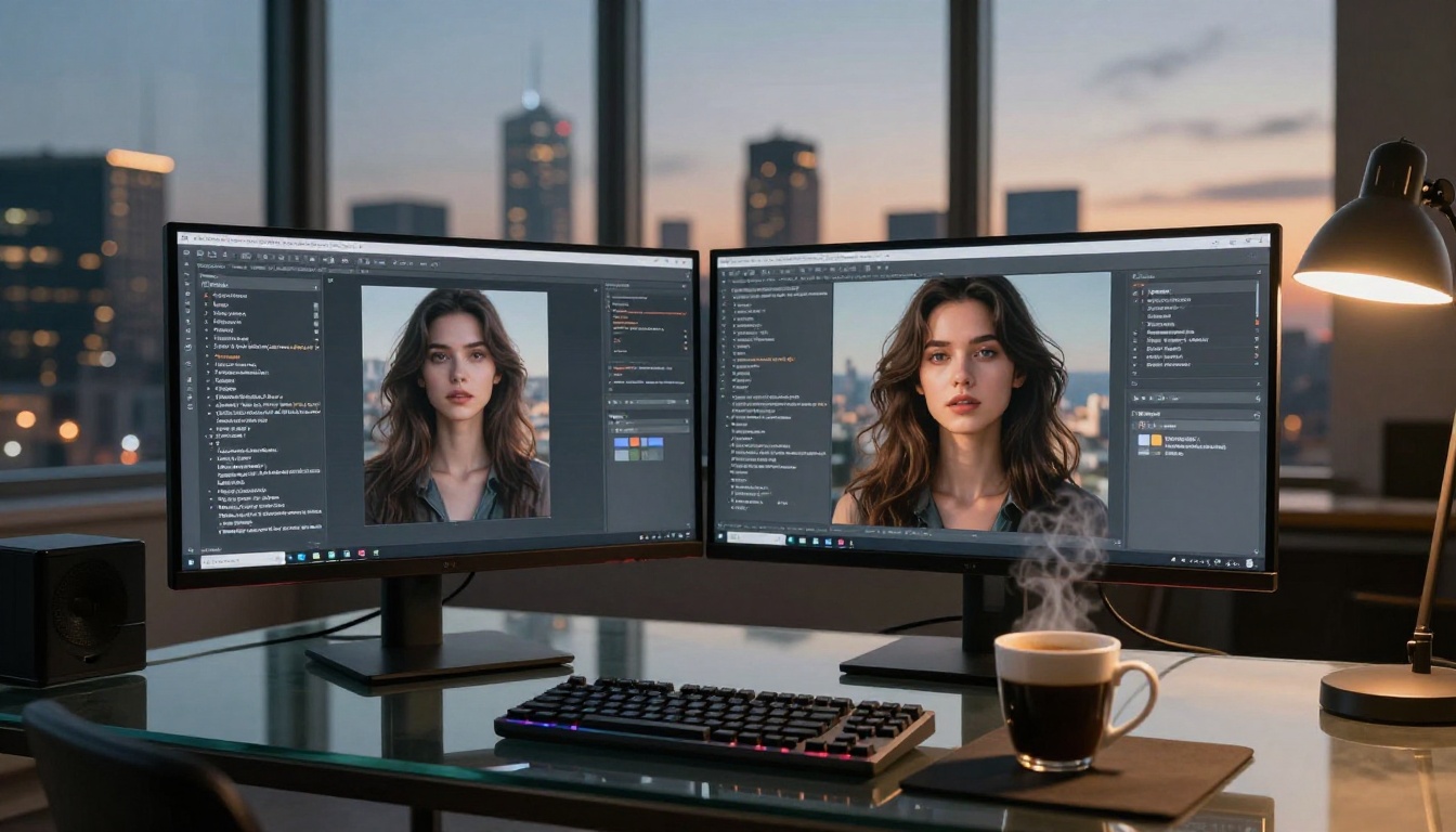 Modern dual-monitor tech setup showing an AI image interface with a city skyline visible at dusk Modern dual-monitor tech setup showing an AI image interface with a city skyline visible at dusk