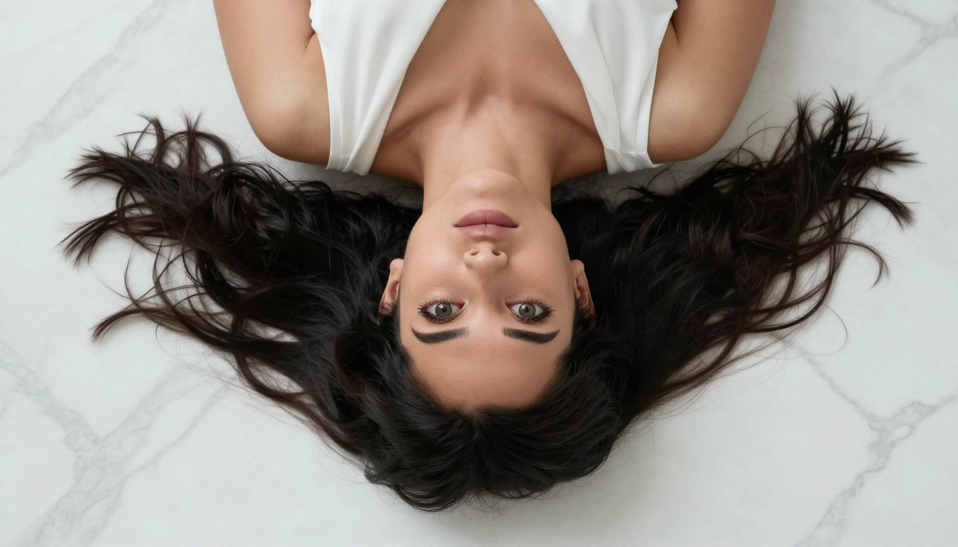 Overhead aerial portrait view demonstrating unique compositional angle with face centered on white marble surface
