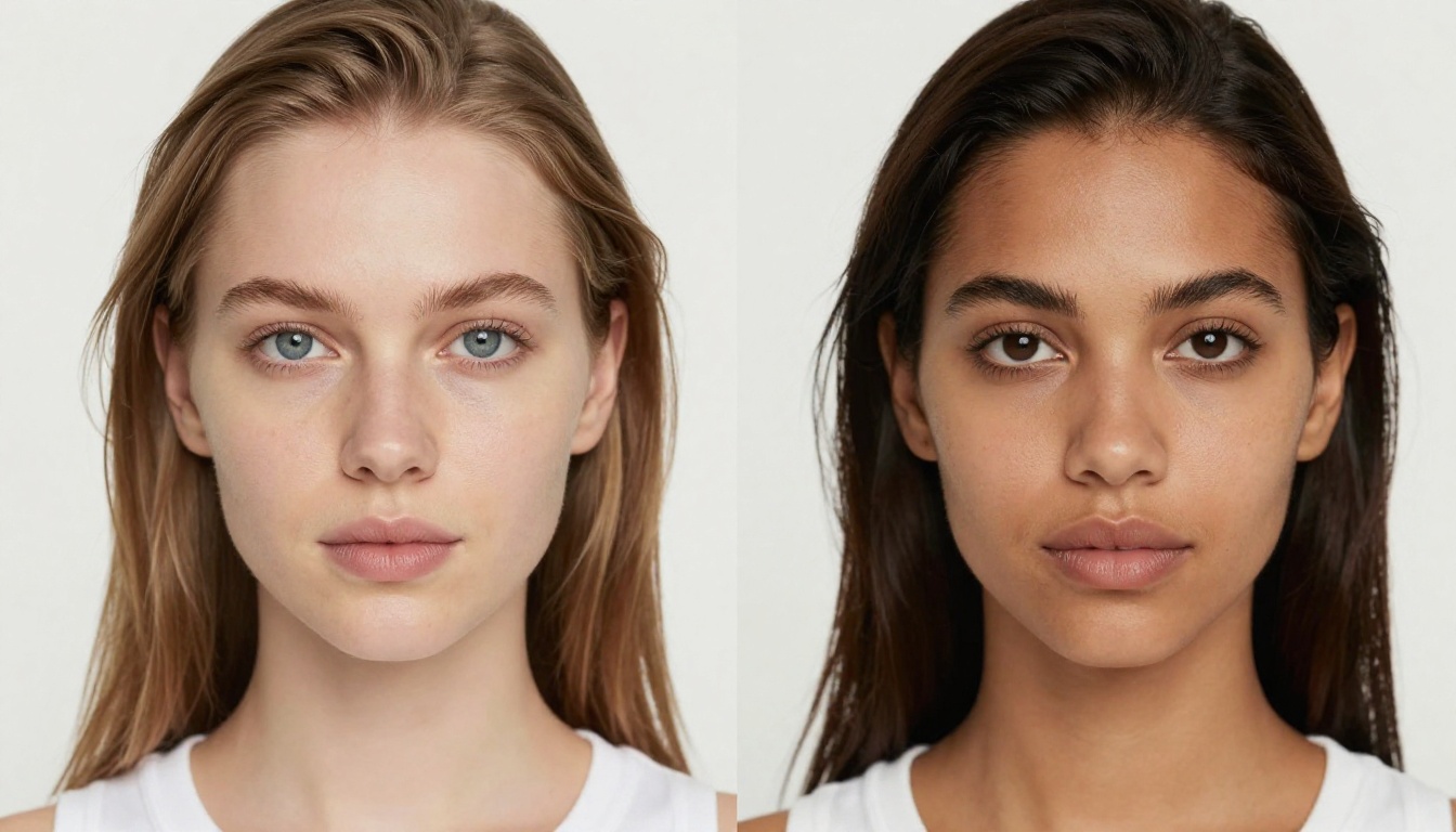 Side-by-side comparison portrait of two subjects with contrasting skin tones demonstrating model consistency across diverse facial features