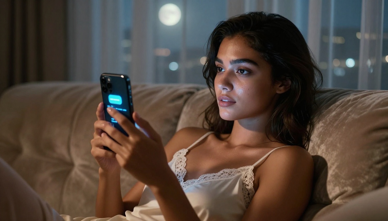 Beautiful woman using smartphone in intimate bedroom setting with AI chat reflected in her dark eyes