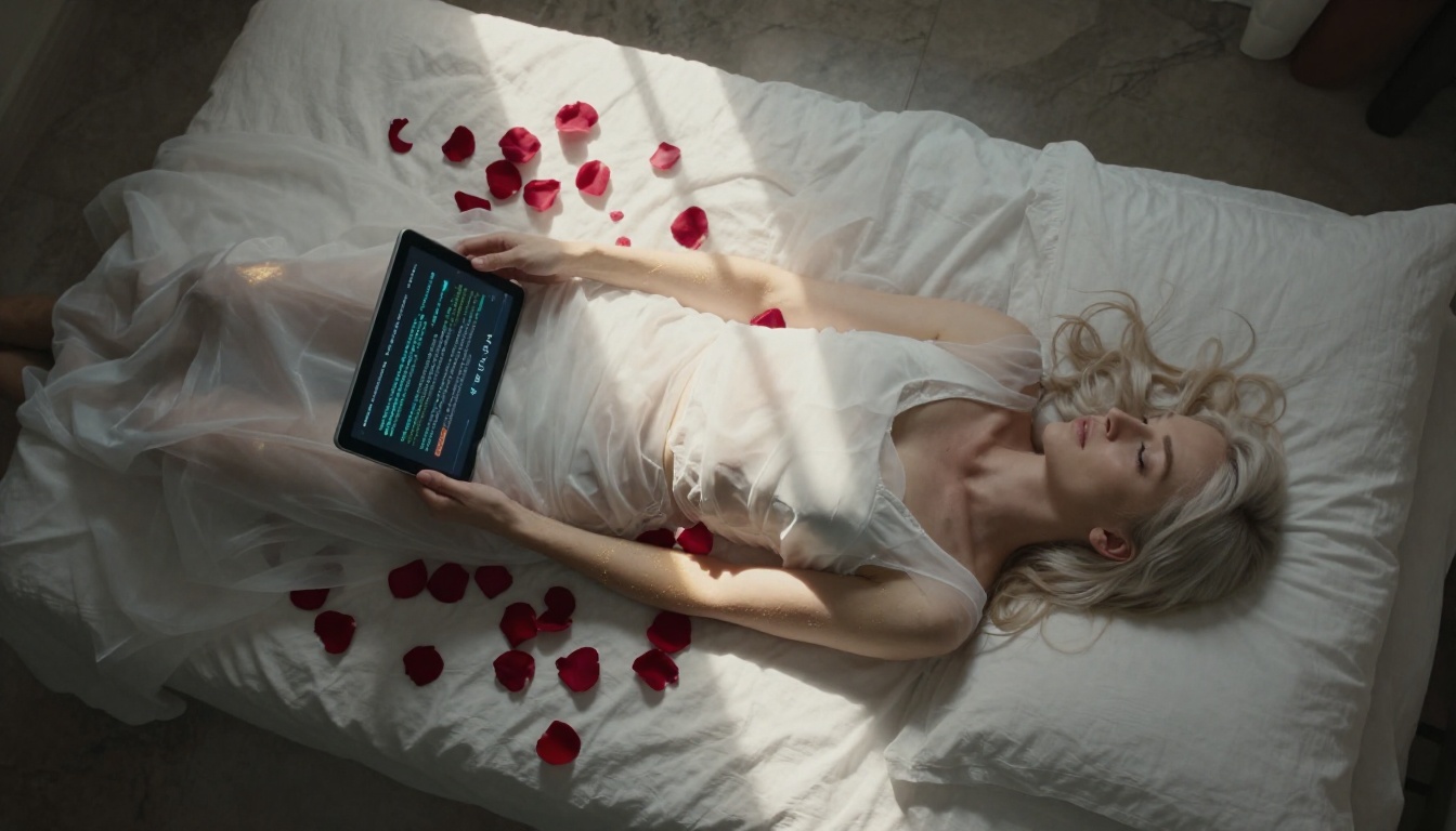 Aerial overhead view of woman lying on white linen bed surrounded by crimson rose petals holding tablet with AI chat interface