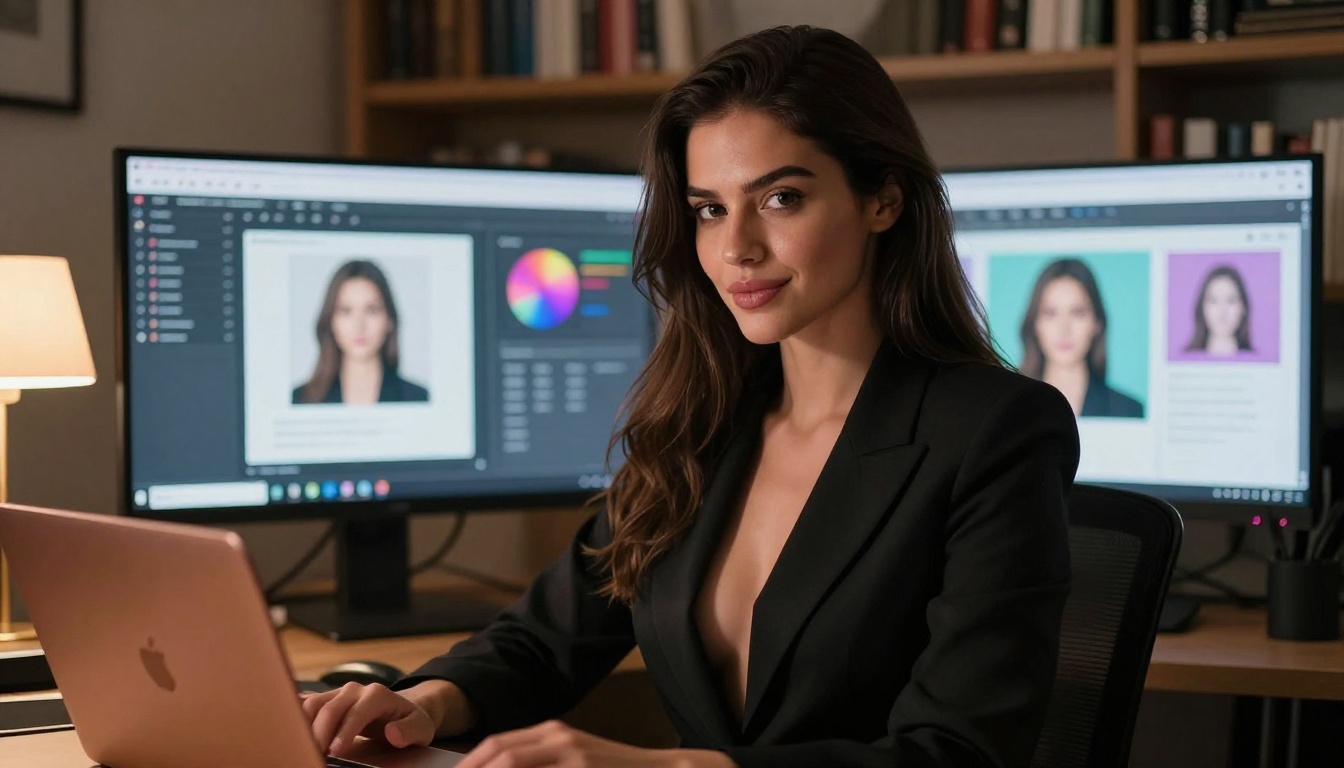 Sophisticated brunette woman with dual monitors showing AI model comparison dashboard at home office