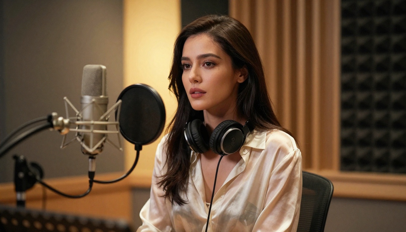 Elegant woman with long dark hair at recording studio microphone with warm focused spotlight and headphones
