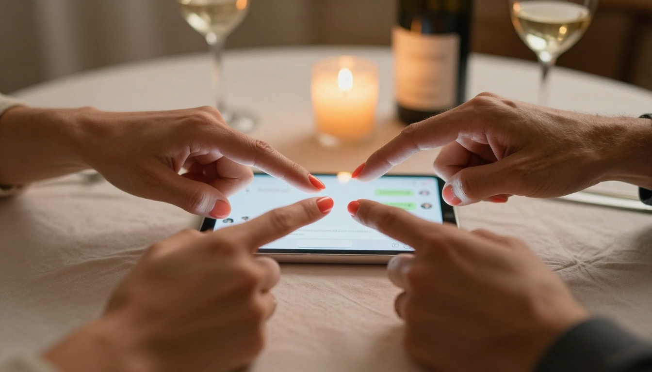 Close-up of two hands reaching toward a glowing tablet displaying private AI chat interface by warm candlelight