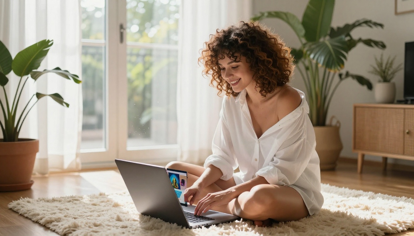 Woman with curly chestnut hair using laptop showing AI image generation results in bright bohemian apartment